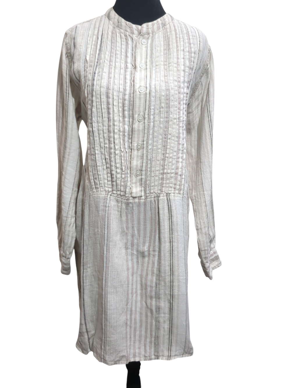 Pine Cone Hill 100% Linen Pintuck Tunic Dress S/M Neutral Striped Boho Lagenlook